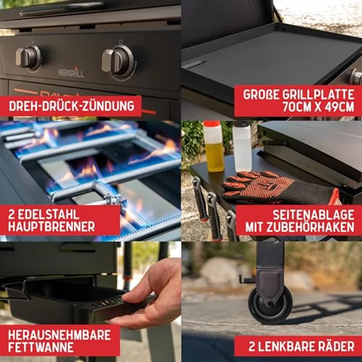 Nexgrill 2-Brenner Plancha Gasgrill, kompakter Standgrill mit keramikbeschichteter Grillplatte und 10 kW Leistung für Garten, Balkon & Outdoor BBQ – Bild 4