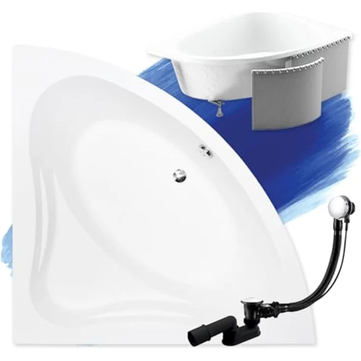 Besco BADLAND MIA Eckbadewanne, 140x140 cm, Weiß Acryl, 4in1 Komplettset mit Styroporverkleidung, Füßen und Chrom Automatik Ablaufgarnitur, Made in EU – Bild 1