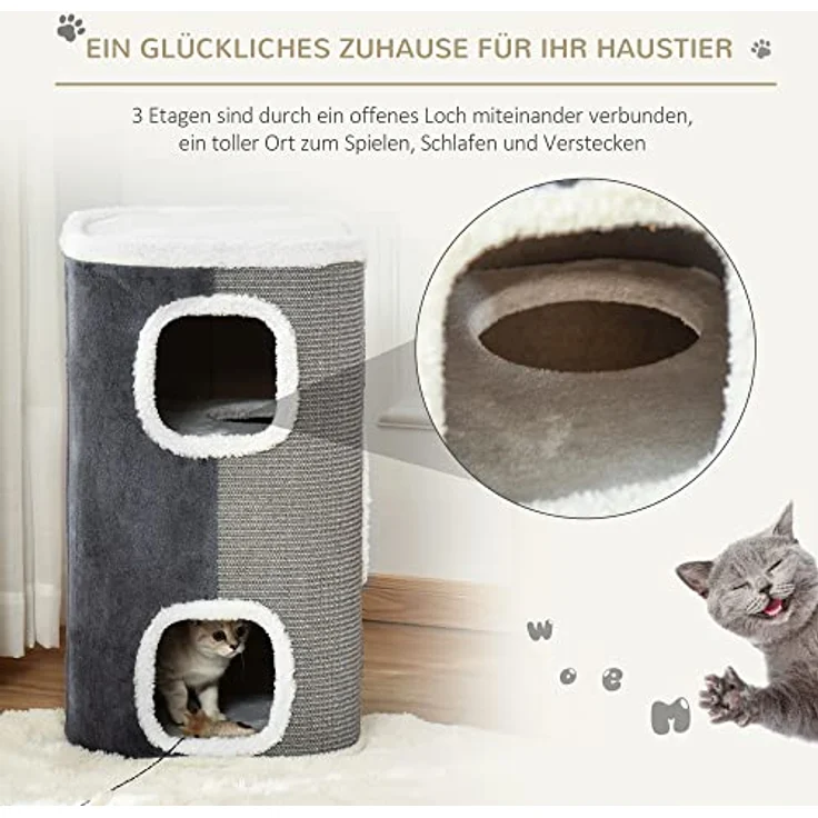PawHut Kratztonne für Katzen Katzenkratzbaum 3 Ebenen Katzenbaum Kletterbaum für Katzen Katzenmöbel Spanplatte samtartiges Polyester Sisal Grau+Weiß 40 x 40 x 74 cm – Bild 4