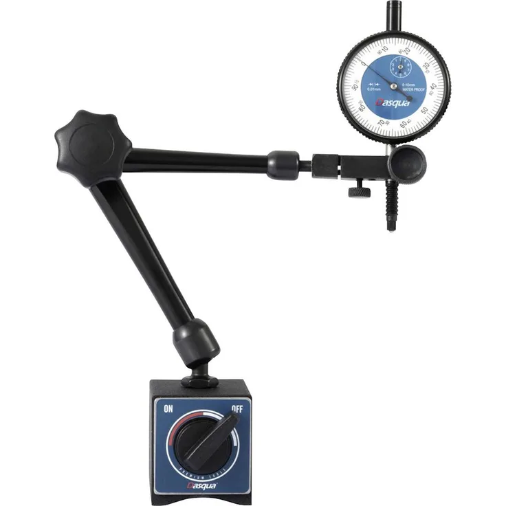 Dasqua 7611-1010 Messuhr mit Magnetfuß, 10mm Ablesung 0.01mm, flexible Drehgelenkarme und V-Nut-Basis