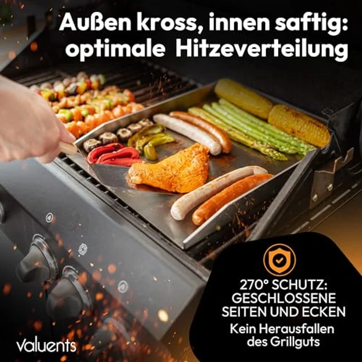 valuents® Grillplatte - Plancha Grill Platte, rostfreier Edelstahl 40 x 30 cm, für BBQ Gasgrill & Kohlegrill geeignet, inklusive Reinigungsbürste & Grillspachtel – Bild 3