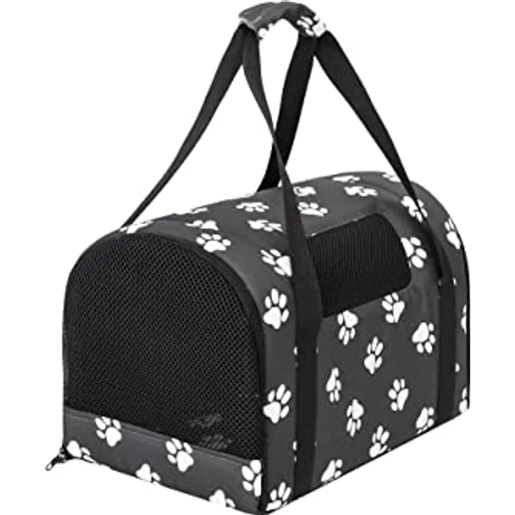 DOGGY Katzentragetasche, Haustiertragetasche, Faltbare Hundetragetasche Transporttasche Transportbox, Graphit in den Pfoten, Größe 1: 27x39x28 cm, mit großen Lüftungsöffnungen