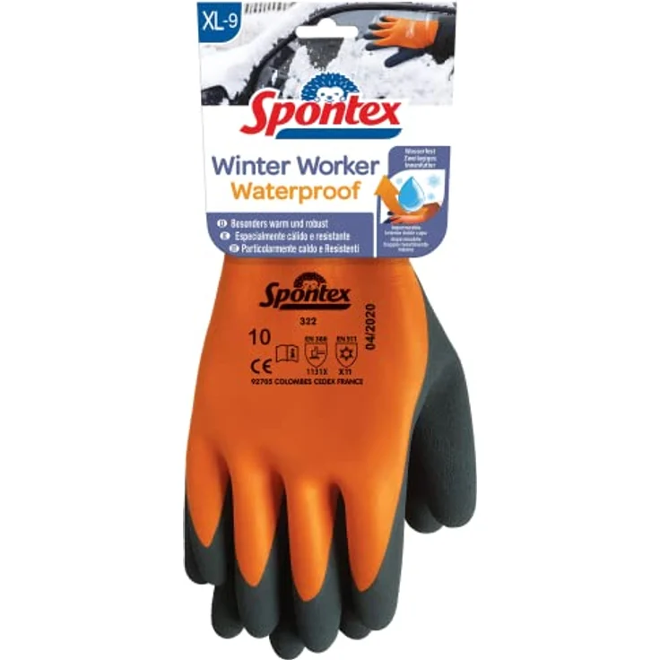 Spontex Winter Worker Waterproof Handschuhe, Wasserfeste Arbeitshandschuhe mit zweilagigem Innenfutter, hohem Kälteschutz und Latexbeschichtung, Größe XL, Orange/Schwarz, 1 Paar – Bild 1