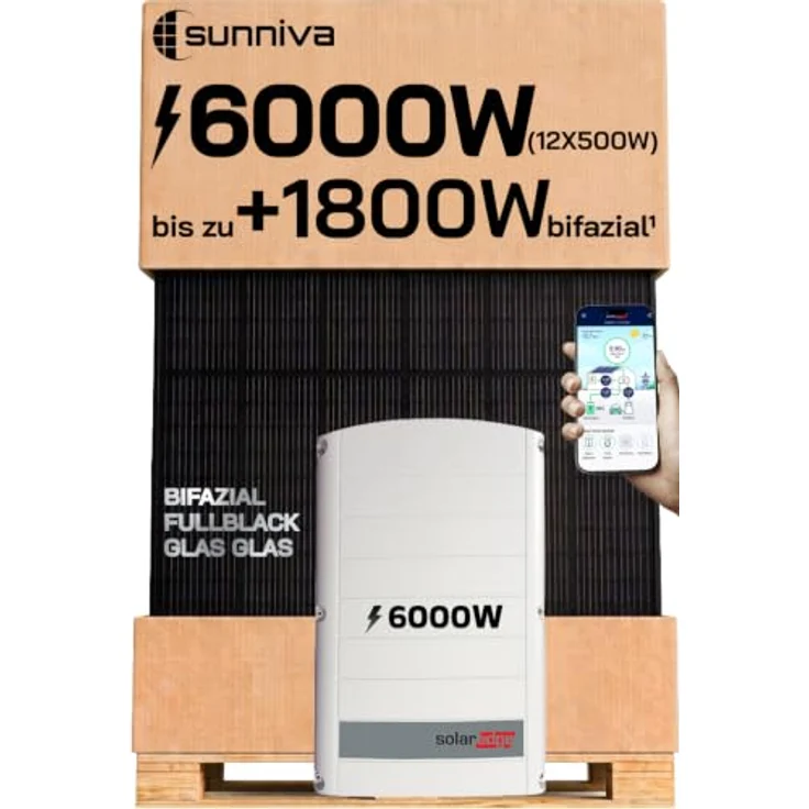 SUNNIVA 6 kW Solaranlage SE6K, 12x 500 W Bifacial Fullblack Module mit dreiphasigem Wechselrichter – Bild 1