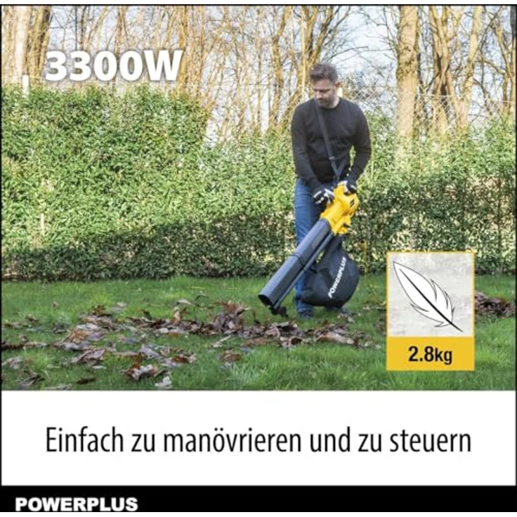 Powerplus POWEG4030, Elektrischer Laubbläser mit 3300 W, 250 km/h Luftgeschwindigkeit, 40 L Auffangbeutel und Zerkleinerer – Bild 2