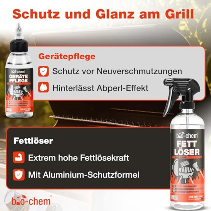 bio-chem Grill- und Backofen Reinigungsset 5-teilig, inkl. Rauchharz-Entferner, Fettlöser, Gerätepflege, Grillbürste und Grillschwamm, für Gasgrill, Edelstahl, Gusseisen, Smoker - Made in DE – Bild 4