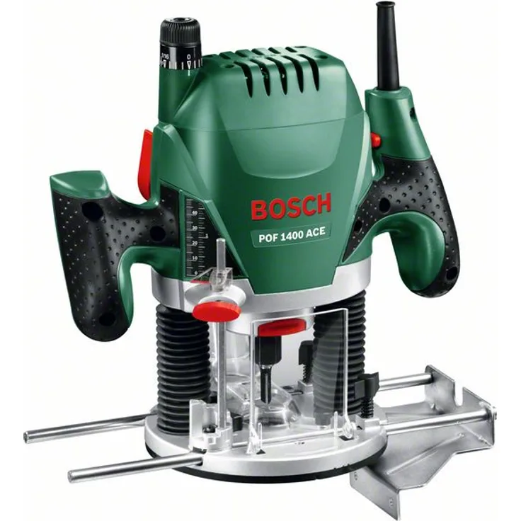 Bosch Oberfräse POF 1400 A (3 x Spannzange, Fräser, Parallelanschlag, Absaugadapter, Koffer (1400 W))