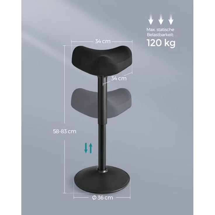 SONGMICS Stehhocker OSC008B01, 360° neigbar, höhenverstellbar 58-83 cm, Sattelsitz mit 9 cm Schaumstoff, großer Anti-Rutsch Sockel, modern, schwarz – Bild 2
