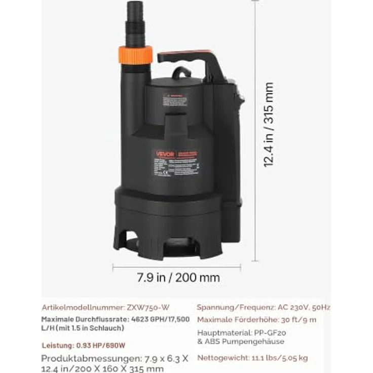 VEVOR Tauchpumpe 690W, 17500L/h PP-GF20, 9m Förderhöhe mit automatischem Schwimmerschalter – Bild 7