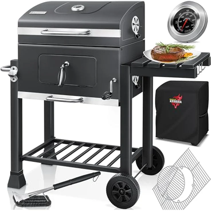 KESSER® Grill Grillwagen XL Holzkohlegrill mit Deckel, Rädern, Edelstahl-Griff, Grillrost, Bürste, Abdeckhaube und Thermometer Holzkohle kohlegrill Wagen groß Kohle BBQ Barbeque Camping, Garten – Bild 1