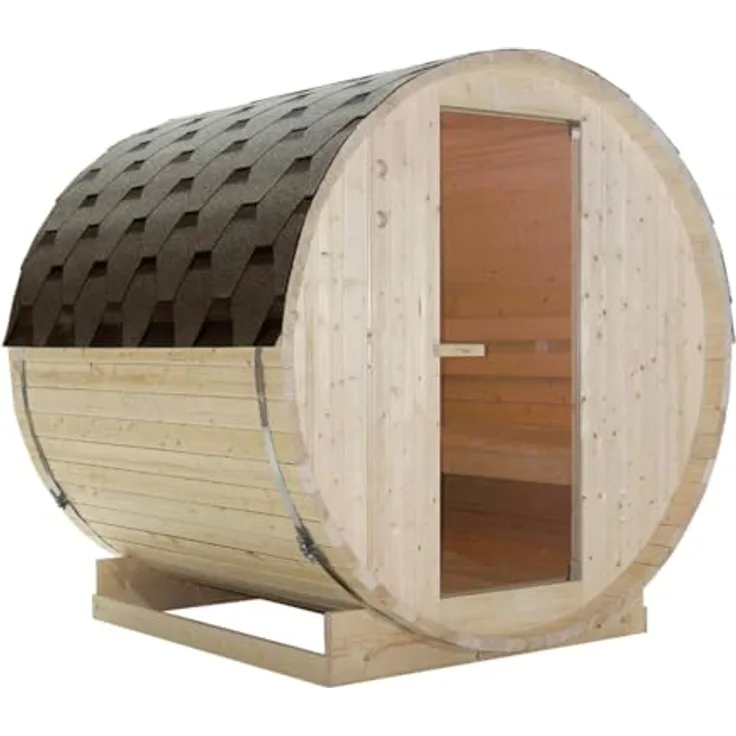 Sanotechnik Fasssauna »TROMSÖ L«, 3,8 mm, geeignet für 4 Personen, Fichetnholz, Gartensauna