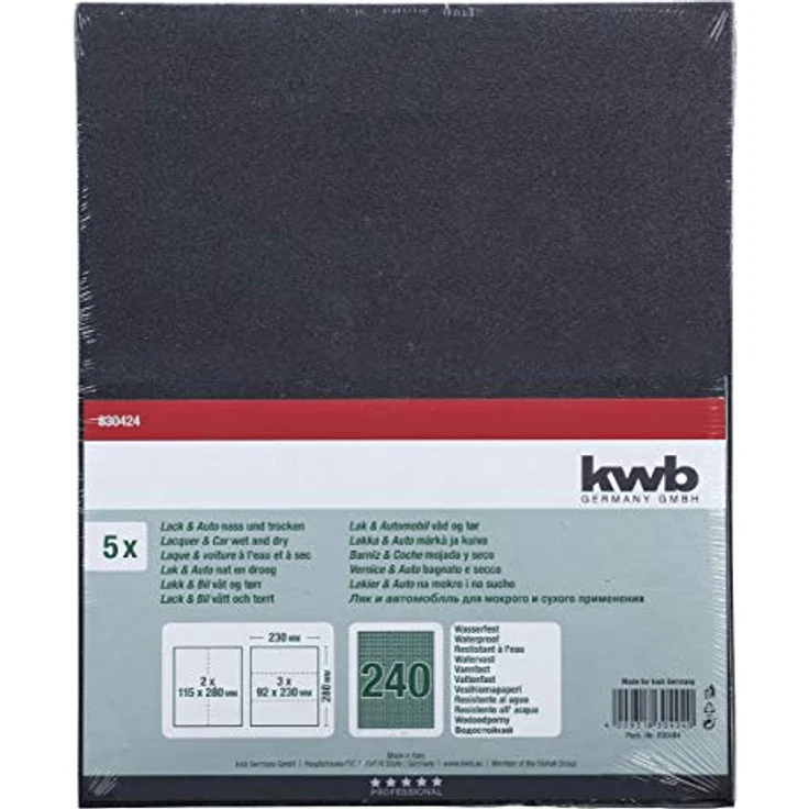 kwb 830424 Schleif-Papier wasser-fest Schleif-Bogen Wasserfest für Glas, Stein, Metall, Karosserie- und Lackier-Arbeiten, 230 x 280 mm, verschweißt 5 Stk. Korn K-240, Made in Europe - Preisvergleich – Bild 2