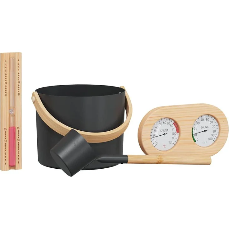 vidaXL Sauna Zubehör Set, 4-teiliges Set mit Saunaeimer, Thermometer, Sanduhr und Saunakelle, Schwarz