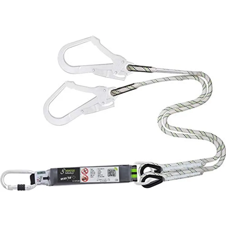 Kratos Safety Y-Verbindungsmittel aus Kernmantelseil mit Falldämpfer, 1,50 m, mit Stahlkarabiner und Zwei Gerüsthaken, EN355, PSA