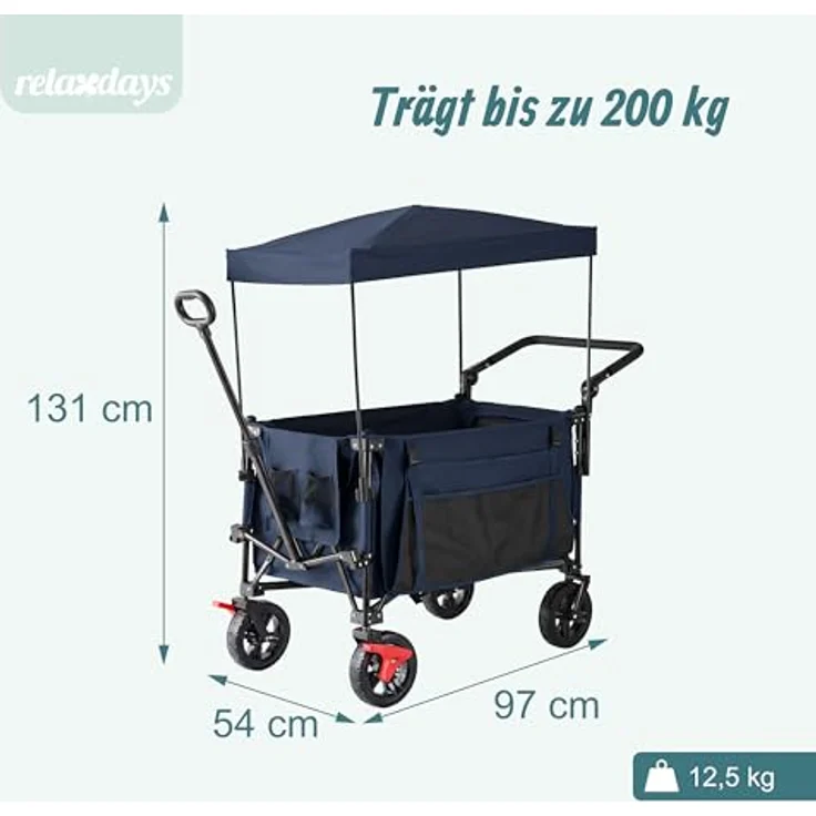 Relaxdays Bollerwagen, faltbar, 150 kg Traglast, mit Dach und Teleskop- & Schiebegriff, blaue Gummireifen mit Bremse, Transportwagen – Bild 4
