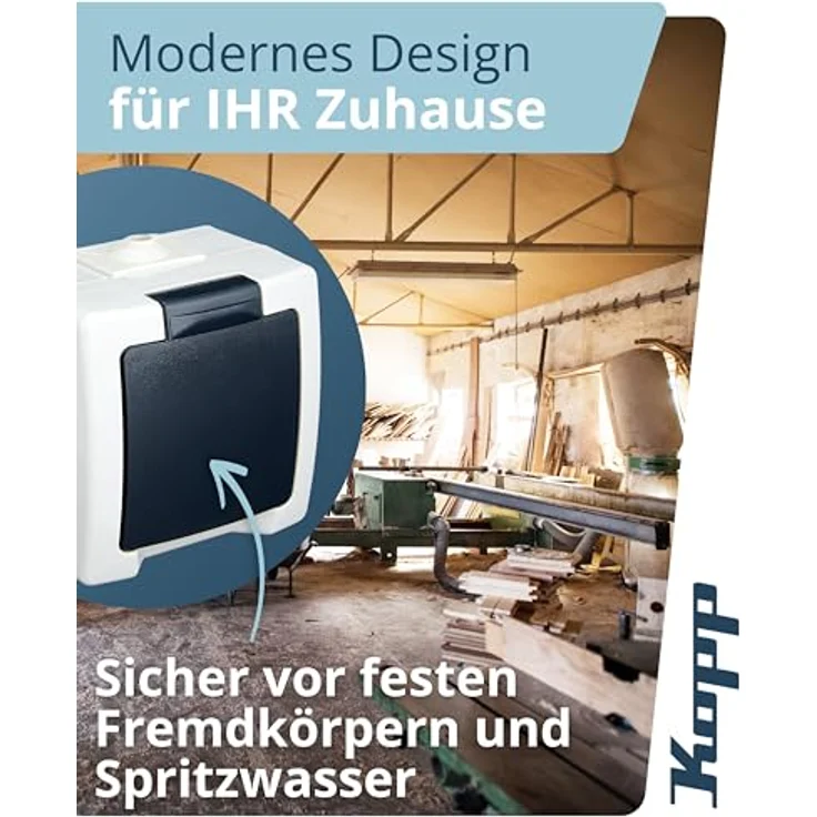 Kopp Abdeckrahmen 107856005, Aufputz-Feuchtraum Schutzkontakt-Steckdose mit Klappdeckel, grau, IP44, 16A – Bild 3