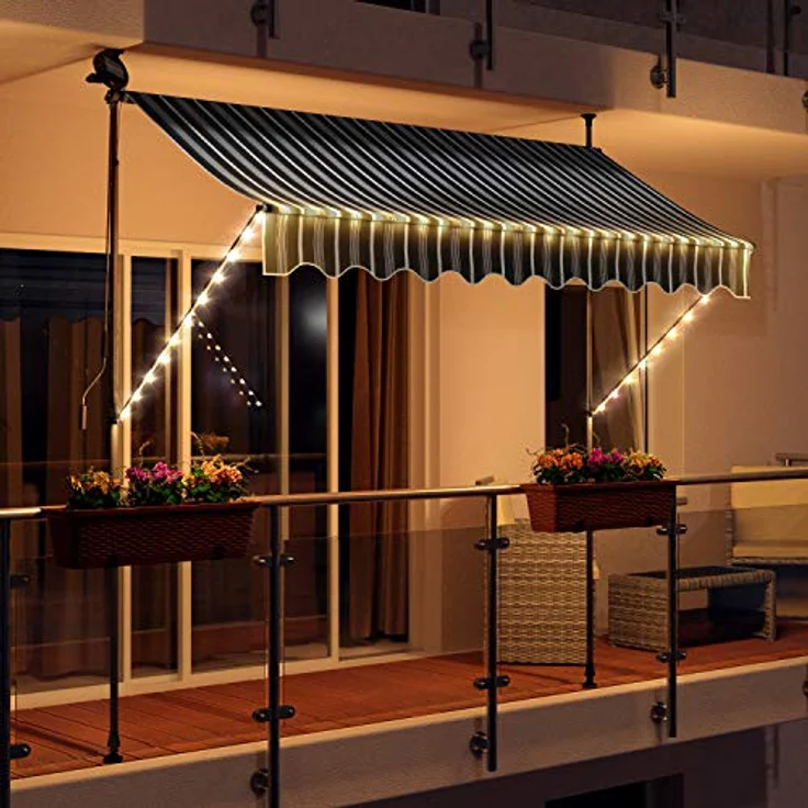 Swing & Harmonie Markise mit LED Beleuchtung - Gelenkarmmarkise - Sonnenschutz - Markisenabdeckung - Klemmmarkise für Balkon und Garten(200x150, grau/Weiss) – Bild 1