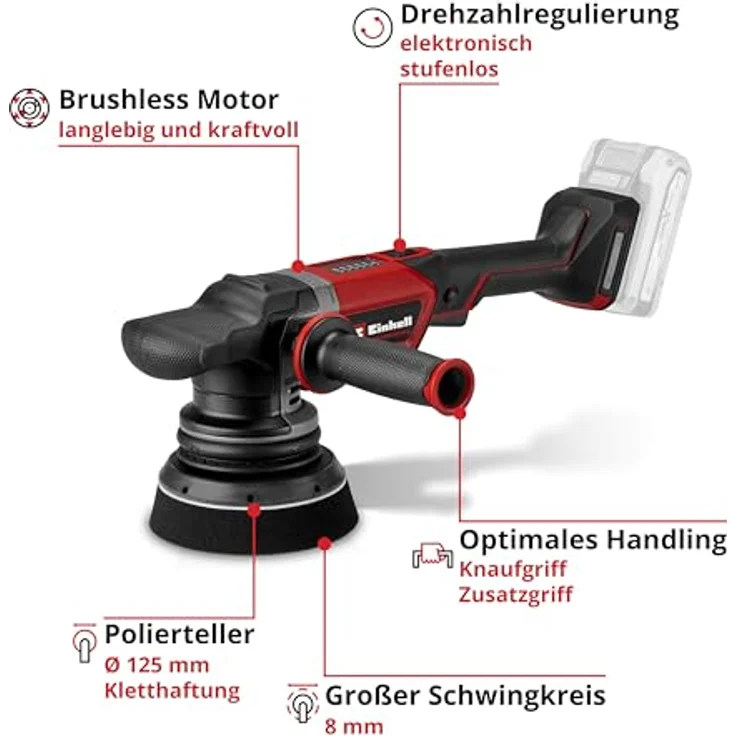 Einhell Akku-Poliermaschine CP-EP 18/125 Li BL-Solo, Brushless Motor, elektronisch einstellbare Drehzahl, Ø 125 mm Polierteller, ohne Akku und Ladegerät – Bild 3