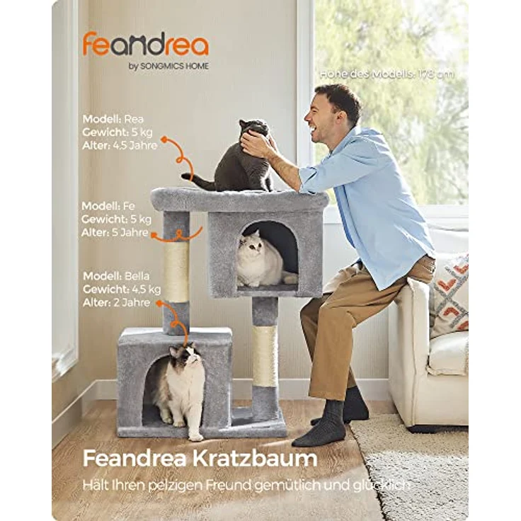 Feandrea Kratzbaum, 101 cm Katzenbaum, XL, Katzenhaus für extra große Katzen bis zu 20 kg, große Plattform, 2 Katzenhöhlen, Sisalstämme, hellgrau PCT614W01 – Bild 2