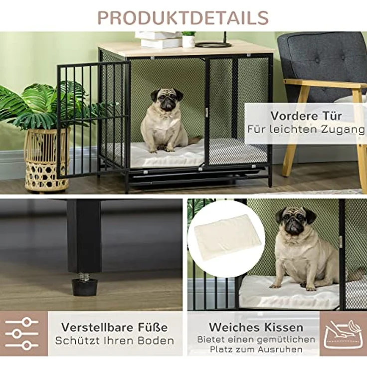 PawHut Hundekäfig, Hundehaus, Haustierkäfig, Hundehütte mit Kissen, herausnehmbarer Bodenwanne, Hundebox für mittelgroße Hunde, Tierkäfig, Indoor, Eiche, Schwarz, 80 x 55 x 71 cm – Bild 5