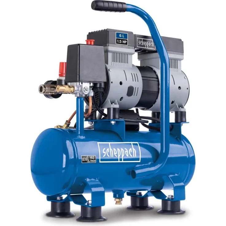 Scheppach Ultra Silent Kompressor HC08Si | 1,5PS / 1100W | 8 bar | 6 Liter | 162 l/min Ansaugleistung | 67,4 db(A)* Leise | + Druckminderer & Kupplung