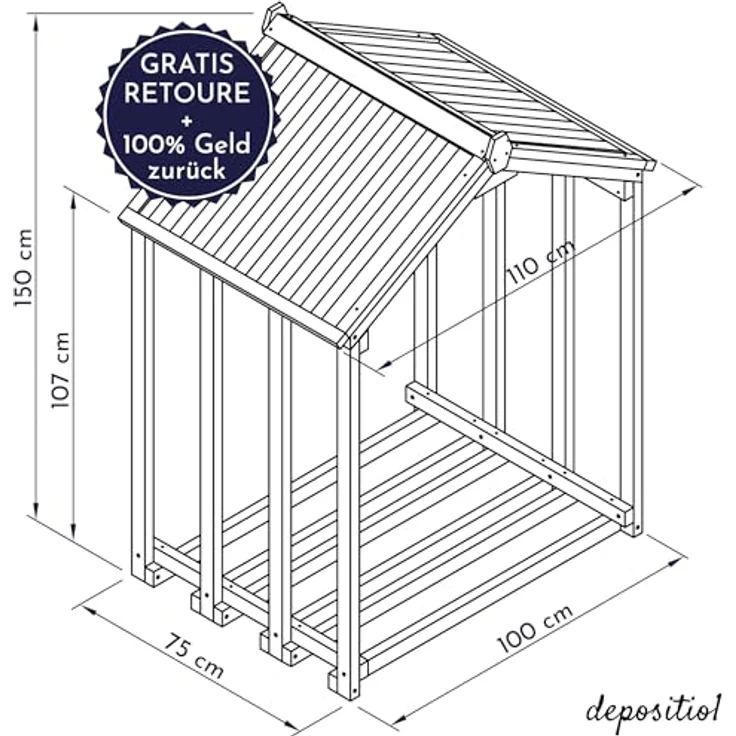 WONDERMAKE® Kaminholzregal mit Dach, 1,8 SRM, wetterfestes Fichte-Holz in Weiß-Grau, modernes Design für Outdoor, 110 x 75 x 150 cm – Bild 5