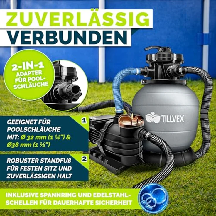 tillvex Sandfilteranlage 13.200L/h, selbstansaugend mit 1200g Filterbällen, 7-Wege Ventil und 2-in-1 Adapter Ø32-38mm für Pools bis 40.000L – Bild 5