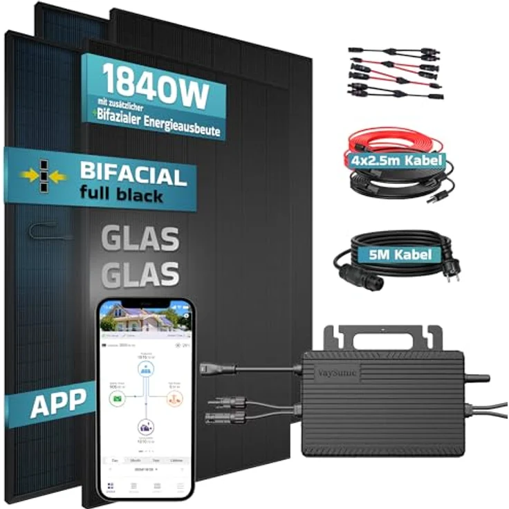 SUNNIVA® 1840W Balkonkraftwerk BIFAZIAL FULLBLACK, komplettes Set mit 800W Wechselrichter, 4x460W Glas-Glas Bifacial Solarmodulen, 5m Kabelset, genehmigungsfrei – Bild 2