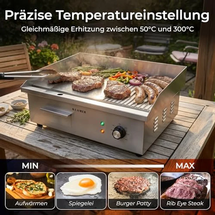 KLAMER Elektrogrill Edelstahl 3000W, XL Grillplatte 54,5x38,5 cm, präzise Temperaturkontrolle bis 300°C, kompakter Tischgrill – Bild 3