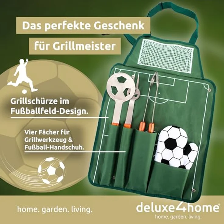 deluxe4home® Grillbesteckset im Fußball-Look, inkl. Grillzange, Grillwender, Grillgabel, Grillhandschuh und Grillschürze aus robustem 600D Polyester – Bild 2