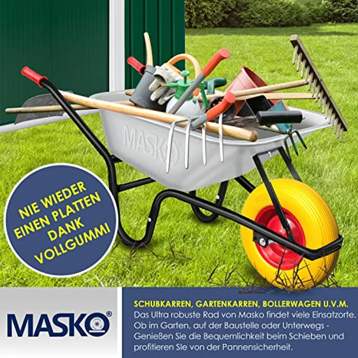 MASKO PU Schubkarrenrad Vollgummi 200 kg pannensicher 4.80-4.00-8 Ø 390mm inkl. Achse Ersatzrad Gummirad Stahlfelge Reifen pannensicher für Schubkarre Gartenkarren pannensicheres PU Rad Gelb - Rot – Bild 4