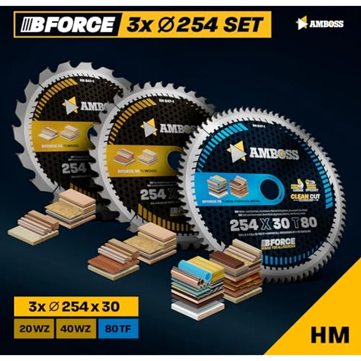 Amboss Werkzeuge 254x30 Tisch- Kreissägeblatt Set für Bosch GTS 10, PTS 10, Festool TKS80 - 3er Set für Holz und Metall Schnitte, Amboss Werkzeuge Qualität, Mehrzweck Sägeblatt Sortiment – Bild 2