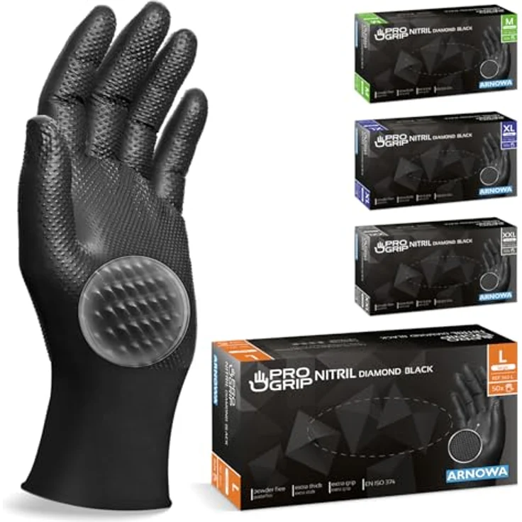 ARNOMED PROGRIP Einweghandschuhe Diamant Grip, Schwarz, extra starke Nitrilhandschuhe Gr. L, chemikalienbeständig, 50 Stk/Box – Bild 1