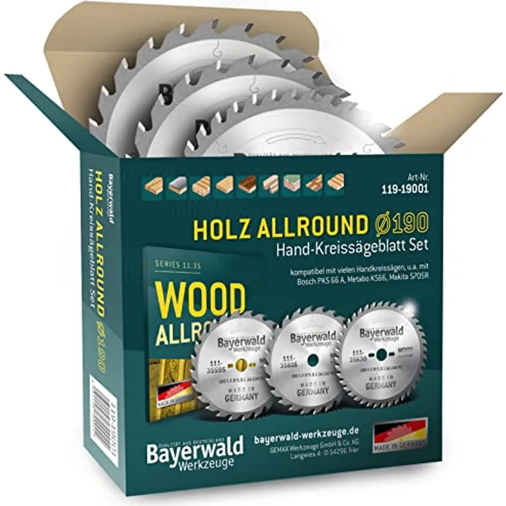 HOLZ ALLROUND Bayerwald Hand-Kreissägeblatt Set Ø 190 (3 tlg.) - für Tischlerplatten, Spanplatten, Holz Querschnitt etc. - Geeignet für Handkreissägen u.a. mit Bosch GKS 165 GKS 55. Makita DHS630Z