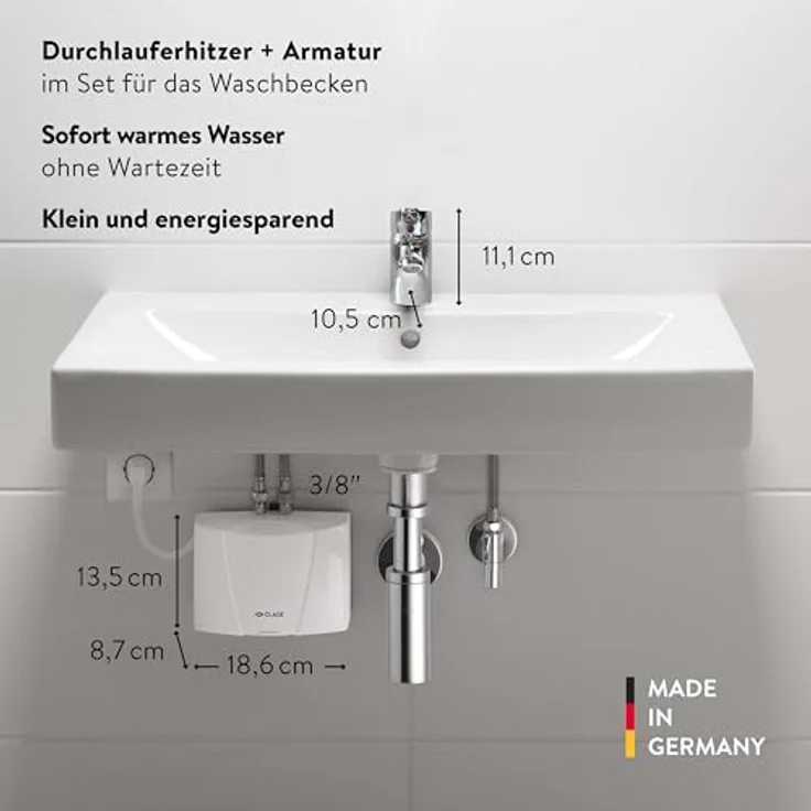 CLAGE M3/END, hydraulischer Klein-Durchlauferhitzer mit Einhand-Waschtischarmatur, 3,5 kW, für drucklose Armaturen, VDE-GS geprüft, direktes Warmwasser, Made in Germany – Bild 2