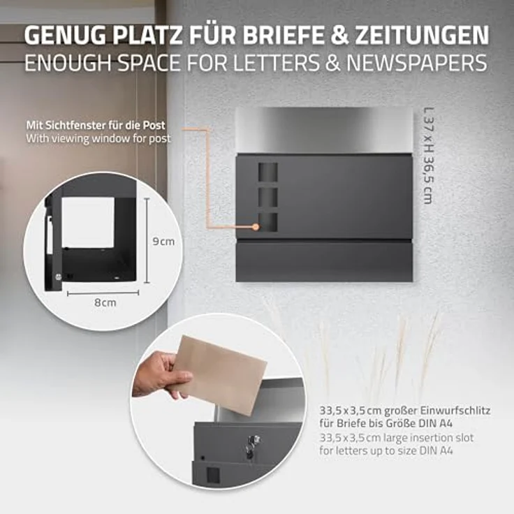 ML-DESIGN Standbriefkasten mit Zeitungsfach, anthrazit, Edelstahl, inkl. Standfuß und Zubehör, 120 cm Höhe – Bild 6