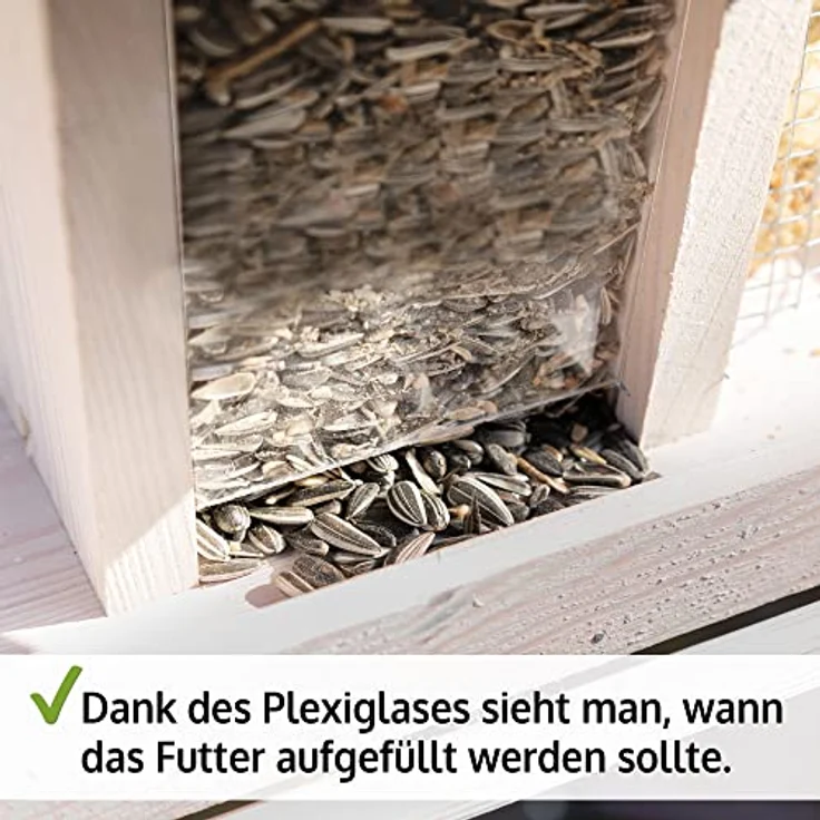 Zooprinz Vogelhaus "Bird Kitchen", Futterstation aus wetterfestem Vollholz mit Plexiglasscheiben, Schutzdach und Sitzstangen, in Weiß oder Naturbraun – Bild 3