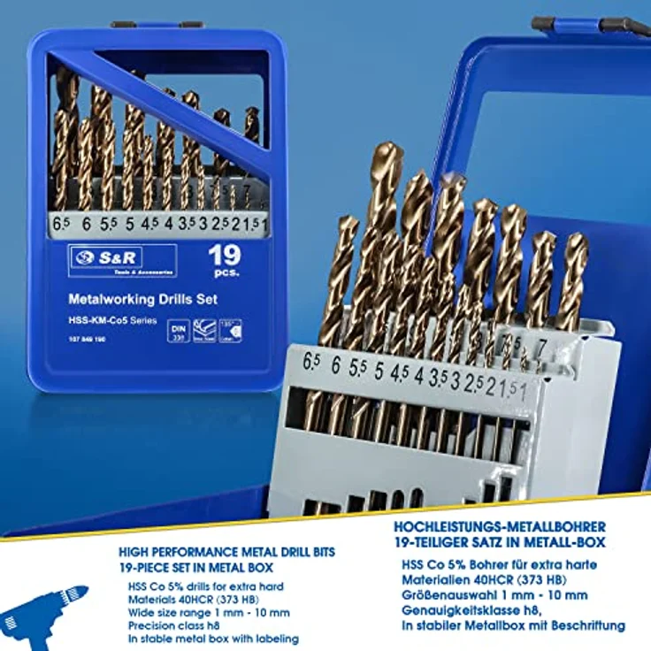 S&R Metallbohrer-Set 1-10 mm, 19-tlg. Bohrerset HSS-G, Cobaltlegiert, Hochleistungs- und Präzisionsbohrer, Spiralbohrer für Edelstahl, Gusseisen und Stahl, konischer Oberflächenschliff – Bild 2