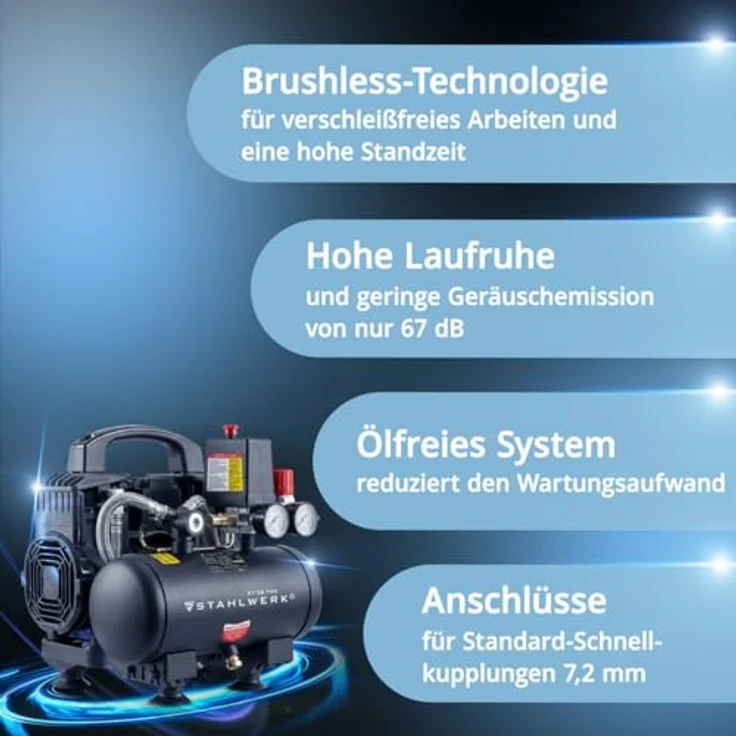 STAHLWERK Kompressor ST-38 Pro, ölfreier Druckluftkompressor mit 1,60 PS, 8 bar und 190 l/min, leise 67 dB – Bild 4