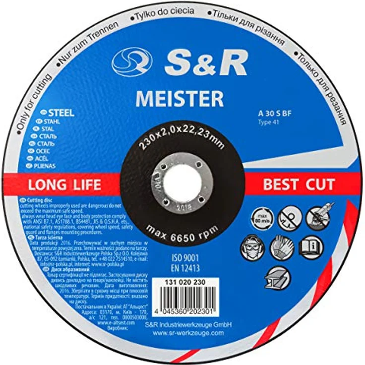 S&R Trennscheibe für Metall, Stahl, Edelstahl/INOX 230x2,0x22,23mm A30 S-BF, Set 25 Stück - 2-fach verstärkte Scheibe für präzises Trennen, zertifiziert nach DIN EN 12413, für Winkelschleifer mit 230 mm – Bild 2