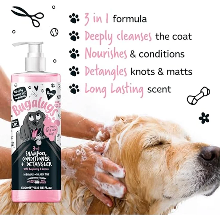 Bugalugs Hundeshampoo 3in1 mit Conditioner und Entwirrer, 500 ml, pH-neutral, vegan, mit Himbeer- und Zitronenduft, für alle Hunderassen – Bild 3