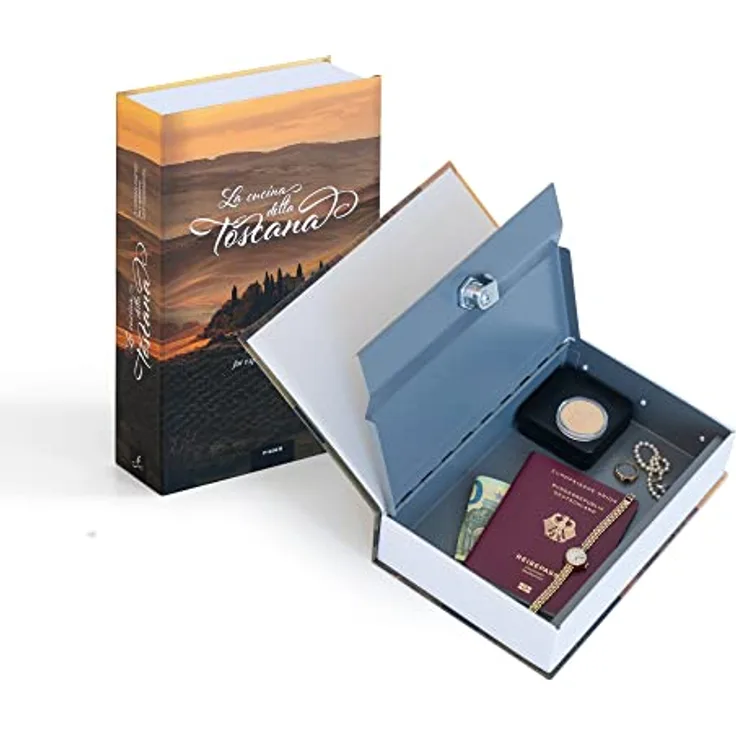 Leuchtturm 366255 Buch-Tresor Toscana - Stahl 240 x 155 x 55 mm, Schlüssel-Safe für Wertsachen, Cover deutsch, bunt