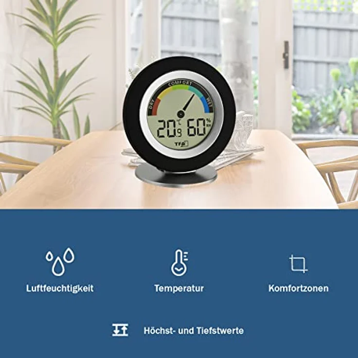 TFA Dostmann Thermo-Hygrometer digital Cosy, 30.5019.01, für Innenräume zur Raumklimakontrolle, Temperatur, Luftfeuchtigkeit, schwarz – Bild 3