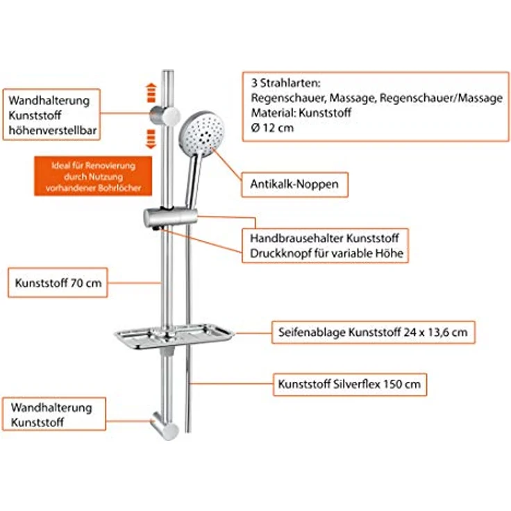 EISL DX7020CSB Duschset RIMINI ohne Armatur, Duschsäule mit Handbrause und Seifenschale, ideal zum Nachrüsten durch Nutzung vorhandener Bohrlöcher, komplettes Montageset, Chrom – Bild 3
