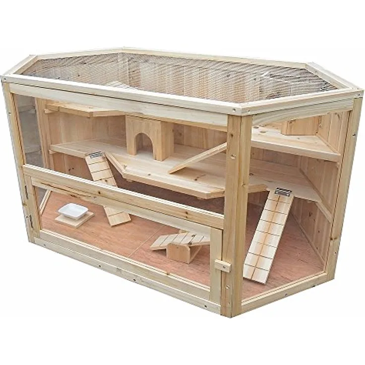 Unbekannt Melko Kleintierkäfig aus Holz, 115 x 60 x 58 cm, inkl. 2 Häuschen + 3 Treppen + 2 Wippen, 3 stöckig, Nagervilla Hamsterkäfig Mäusekäfig