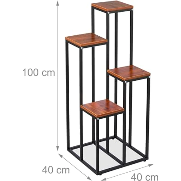 Relaxdays Blumenständer Schwarze Blumentreppe mit 4 Ablagen, Dunkelbraun - Pflanzentreppe aus Stahl und Holzoptik, 100 x 40 x 40 cm, Maximale Traglast 40 kg – Bild 5