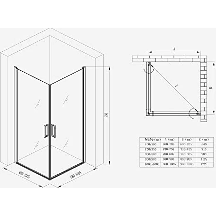 Mai & Mai Eckdusche Ravenna24, Duschkabine mit Pendeltür und Hebe-/Senk-System, H:195cm, 75x75 cm, 6mm ESG NANO-Glas in Klarglas – Bild 7