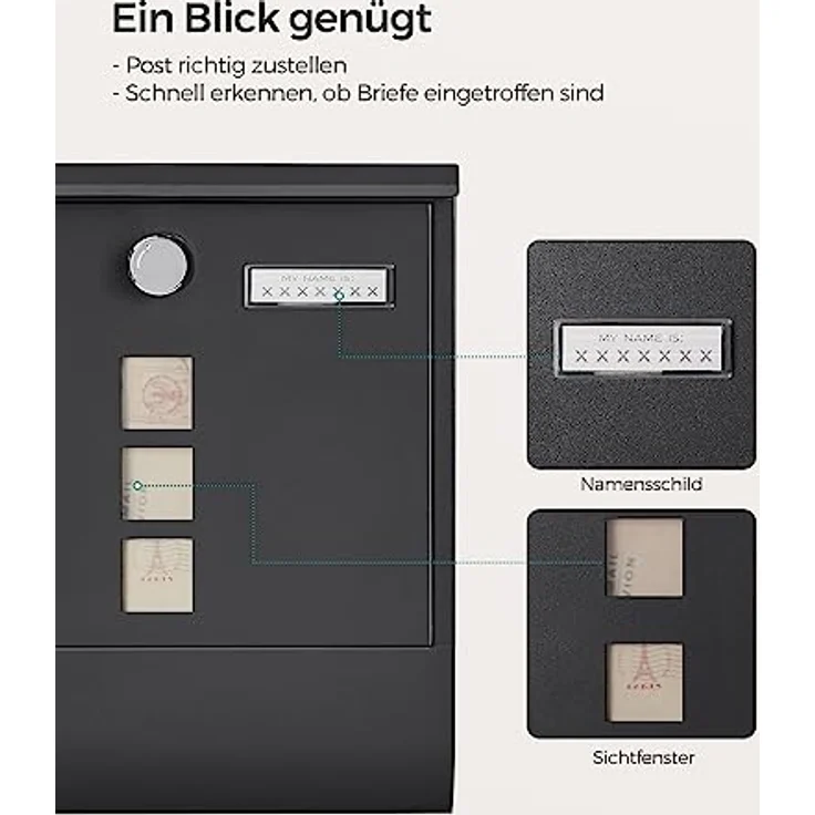 SONGMICS Briefkasten, Wandbriefkasten, mit Schloss mit Drehdeckel, Sichtfenster, Namensschild, Zeitungsfach, einfache Montage, 10 x 30,8 x 33,8 cm, schwarz GMB020B02 - Preisvergleich – Bild 5
