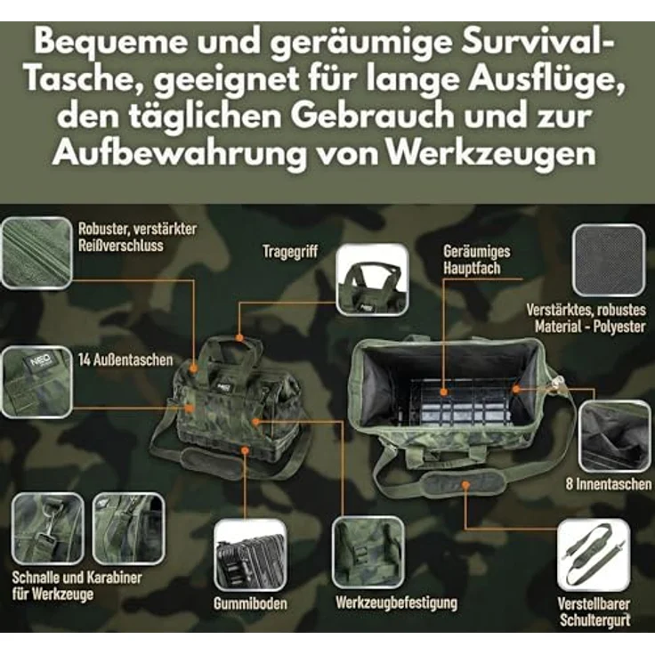 NEO TOOLS Werkzeugkoffer CAMO, Profi-Handwerkertasche 100% Nylon 600D, wasserdichter Boden, 40 x 22 x 33 cm, regulierbarer Schultergurt, Außentaschen – Bild 3