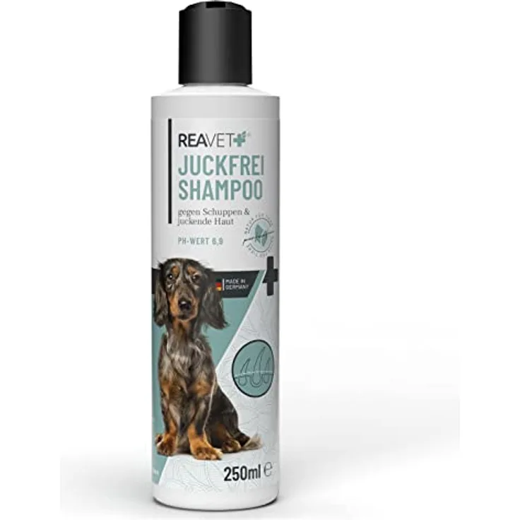 ReaVET Hundeshampoo gegen Schuppen & Juckreiz 250ml, bei Hautirritationen, trockene Sensible Haut, Rückfettend für Fellglanz ohne Duftstoffe, Anti Schuppen Juckreiz Shampoo Hund